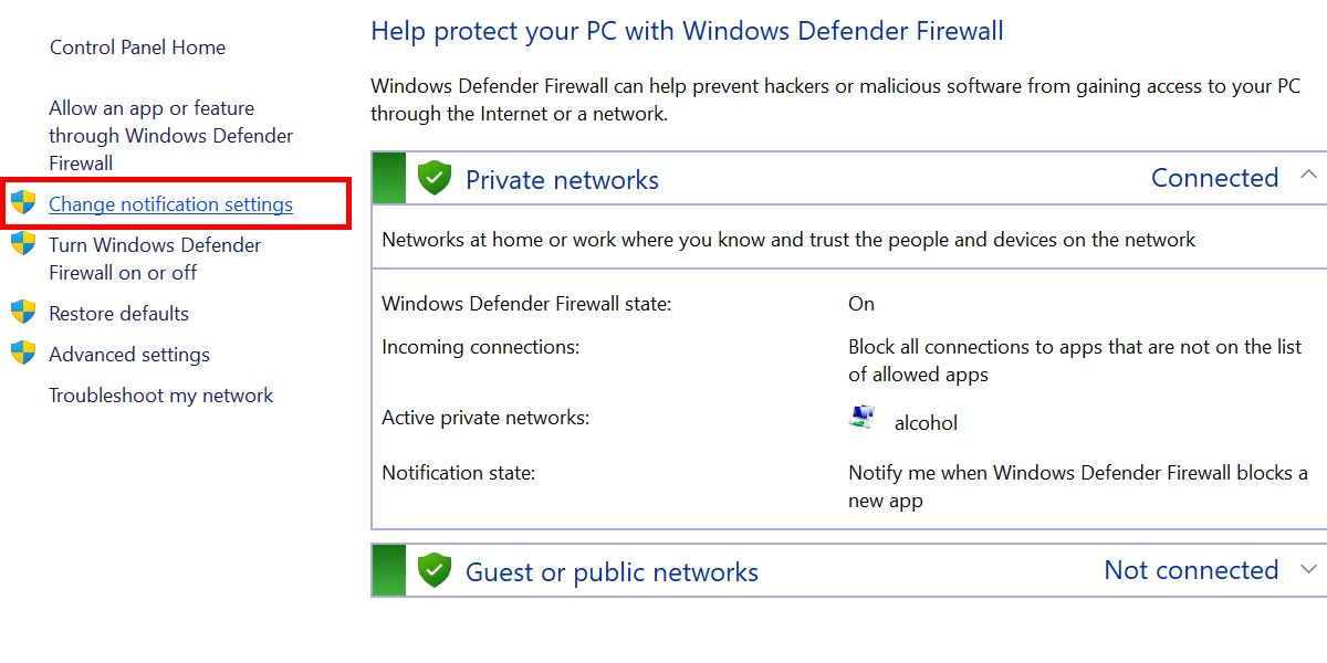 Clicking "Change firewall notification settings" in the Control Panel.