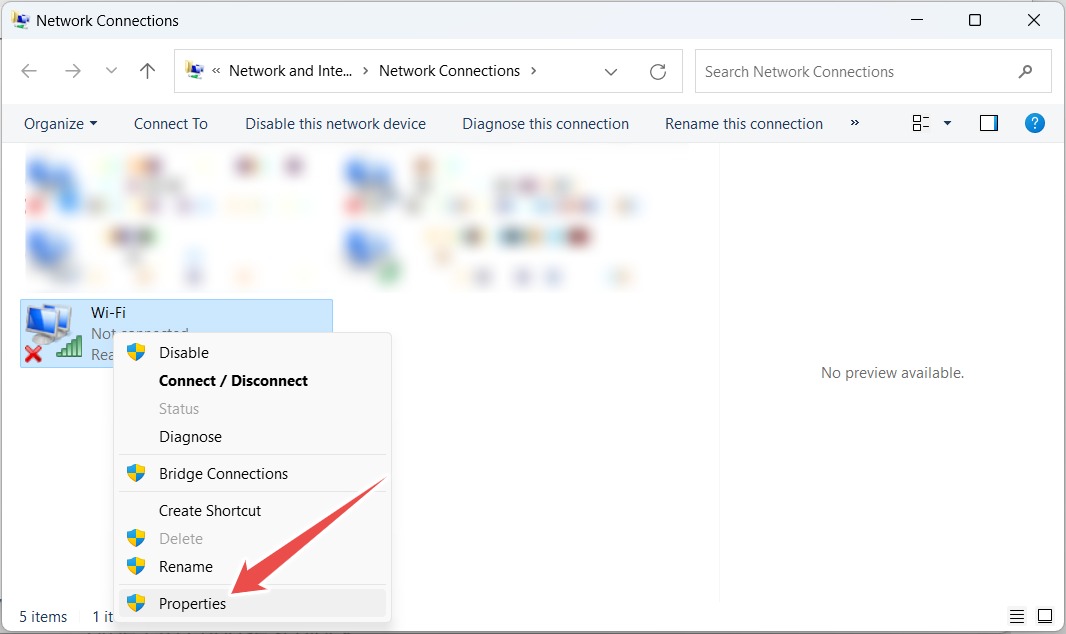 Selecting "Properties" from Wi-Fi network context menu.