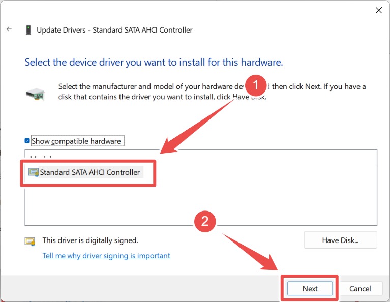 Clicking the "Standard SATA AHCI Controller" on Windows.