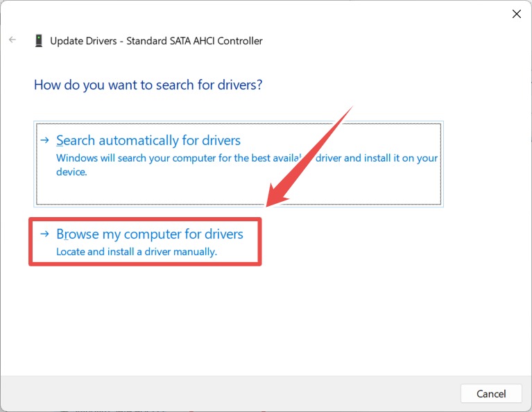 Choosing to "Browse computer for drivers" option when updating the SATA Controller driver.