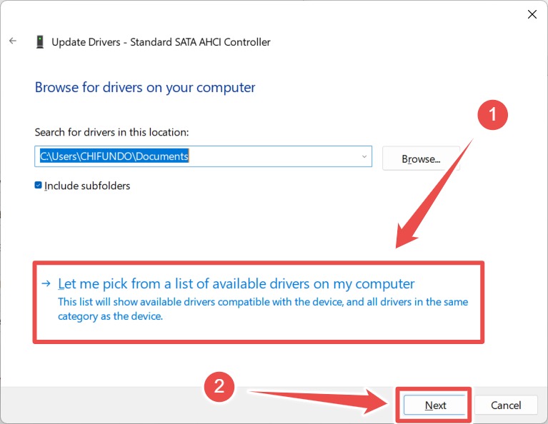 Choosing to pick driver when updating a Windows driver option in "Update Drivers" window.