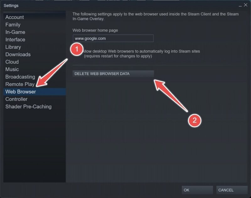 Clearing the web browser cache on Steam.