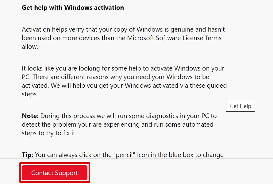 Clicking the "Contact Support" button to get Microsoft support.