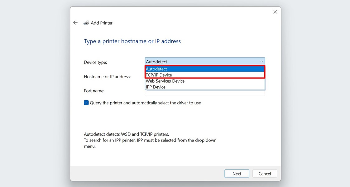 Selecting "Autodetect" in the printer device type section in "Add Printer" window.