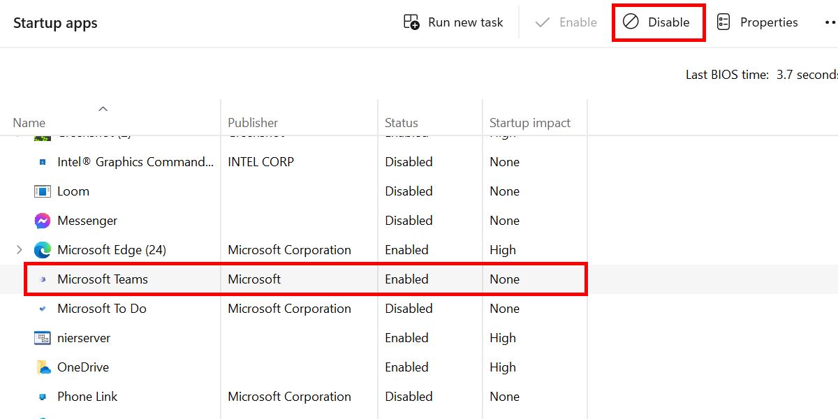 Clicking the "Disable" button for the Microsoft Teams app in Task Manager.