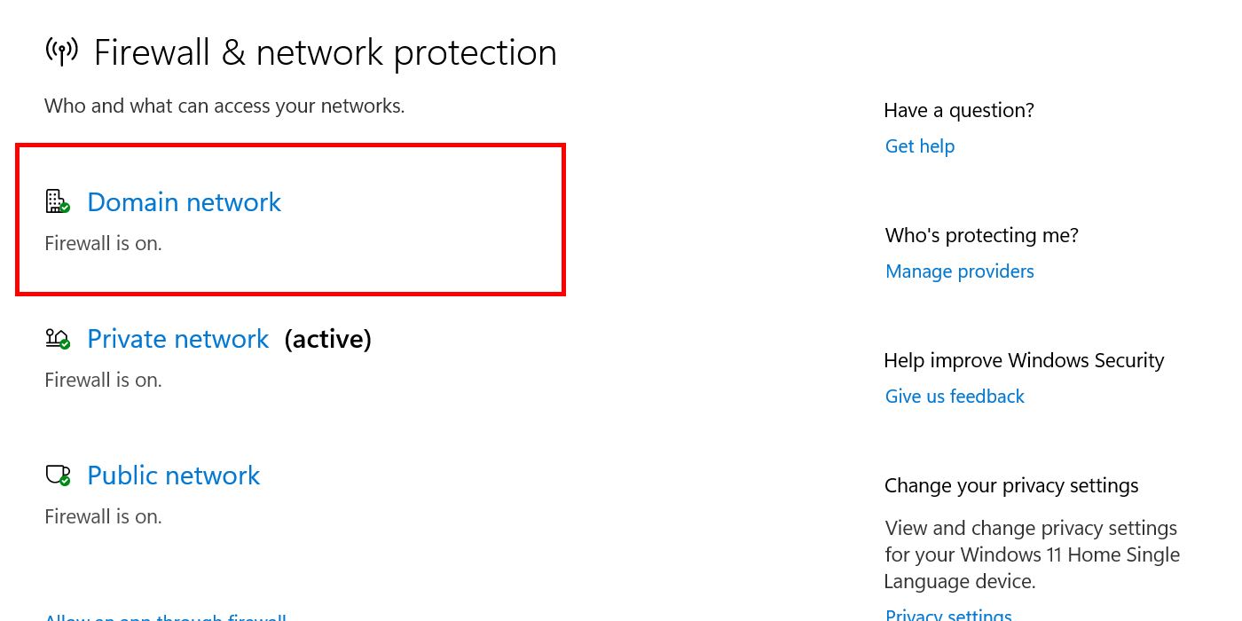 Selecting "Domain network" in firewall settings