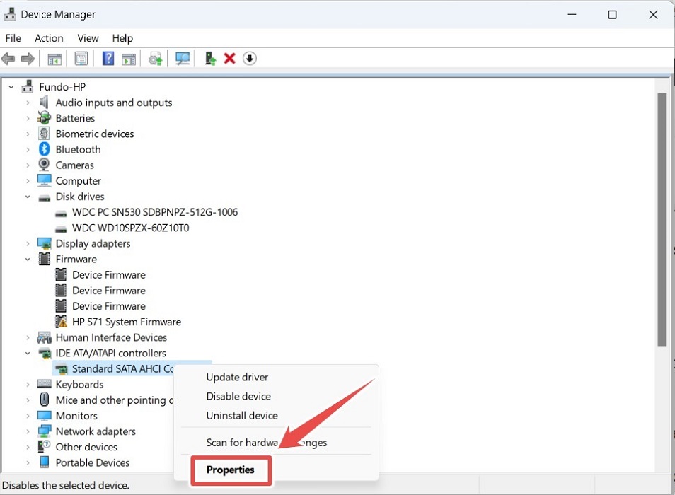 Selecting the "Properties" option for SATA Controller in Device Manager. 