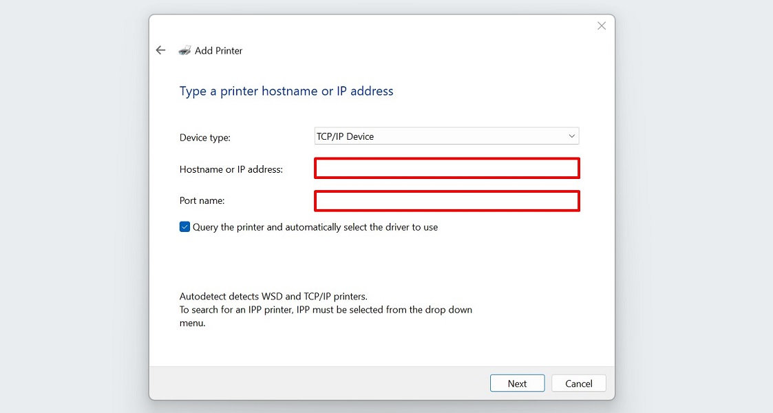 Entering the IP address and port for a new printer on Windows in "Add Printer" window.