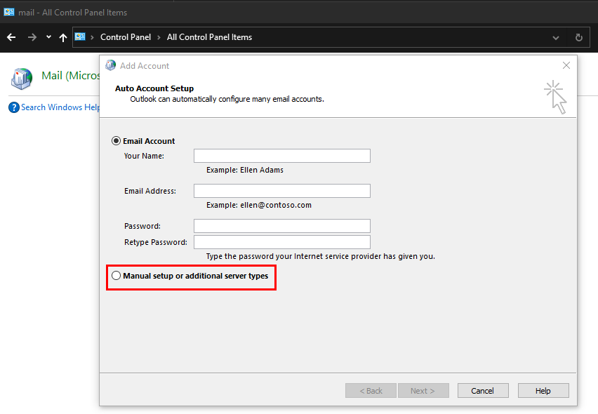 Entering Credentials For New Outlook Profile