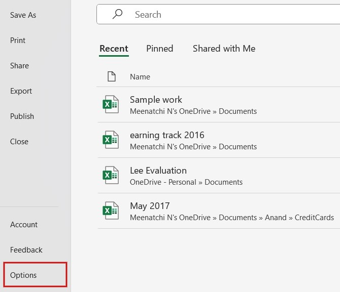 Clicking "Options" in Excel menu.