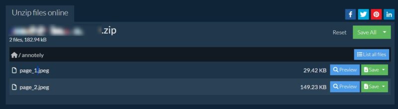 Preview of archive using ezyZip webpage.
