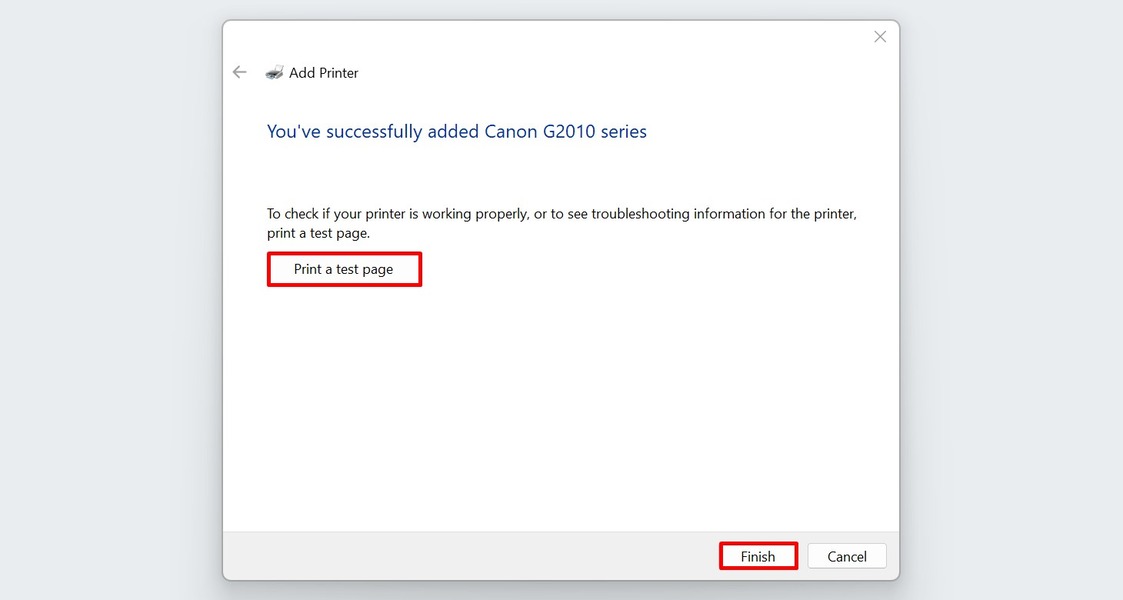 Confirmation of successful printer addition to Windows.