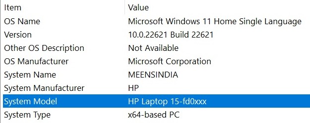 Check System model field of System information dialog