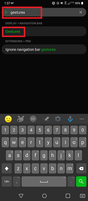 Tapping on "Gestures" from Android Settings search results. 