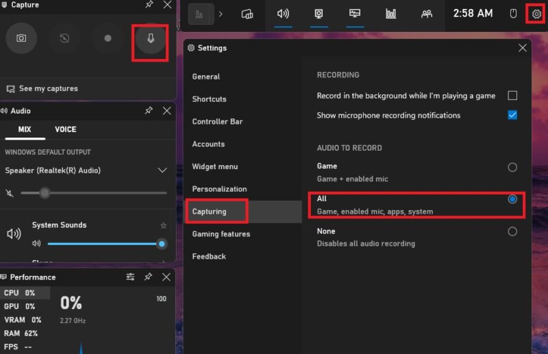 Navigating to the "Capturing" section in Xbox Game Bar.