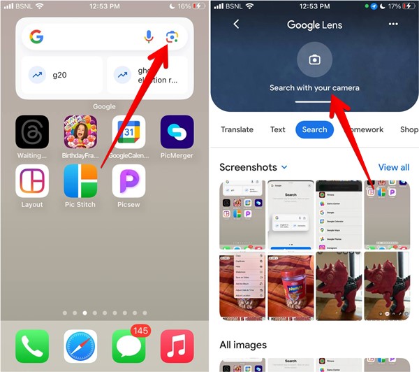 Scanning QR code with Lens via Google widget on iPhone.