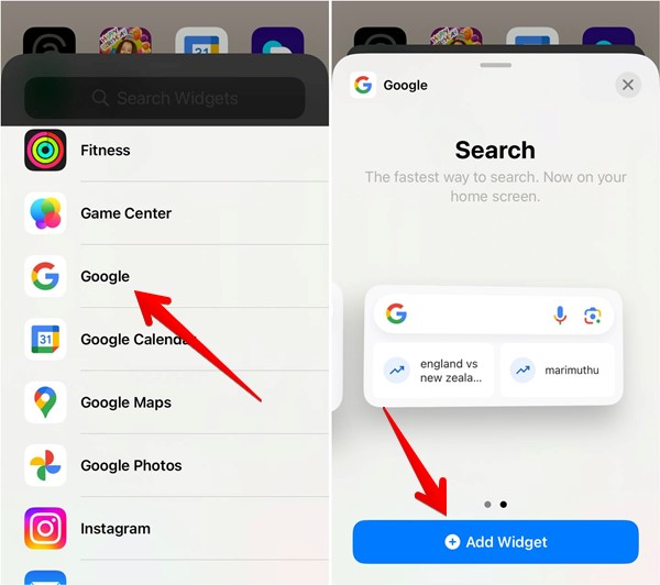 Clicking the "Add widget" button for Google on iPhone.