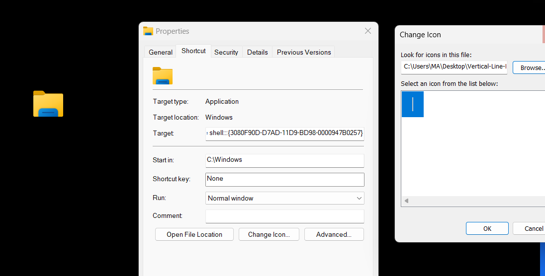 Changing the icon of the newly created shortcut.