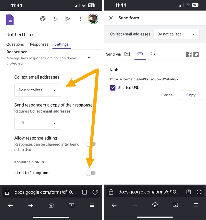 Google Form settings on Android and iOS