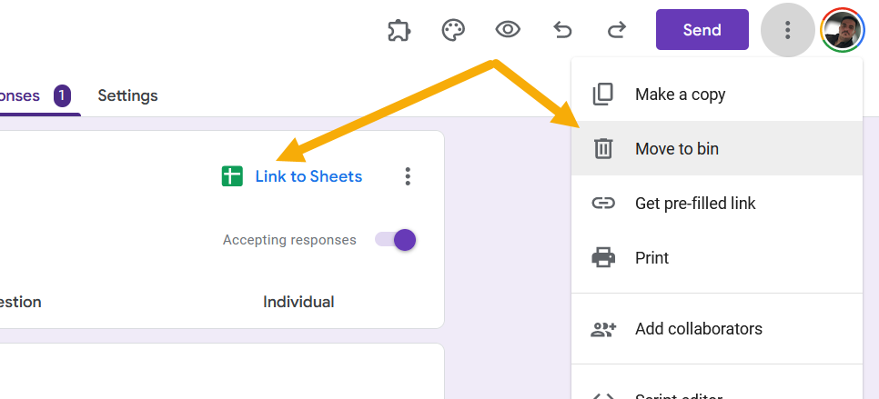 Moving a Google Form to the trash bin