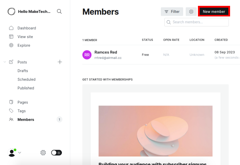 A screenshot showing the list of members on the current Ghost instance.
