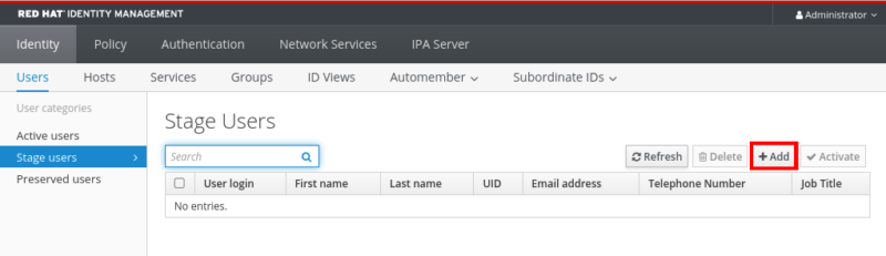 A screenshot highlighting the "Add" button for the Stage user creation category.