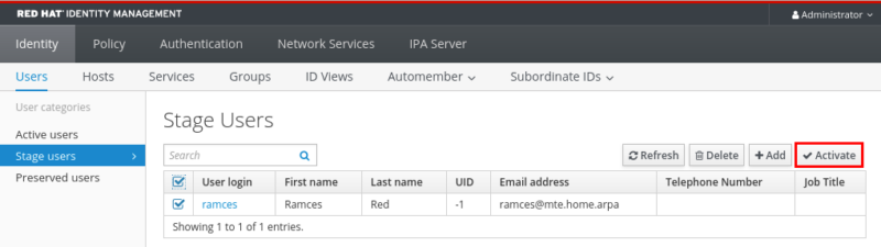 A screenshot highlighting the "Activate" prompt for the currently staged user.