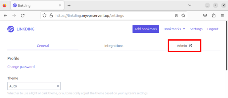 A screenshot highlighting the Admin tab in the Linkding settings page.