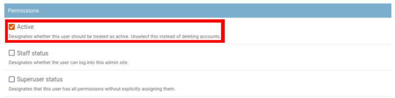 A screenshot highlighting the Active checkbox under the Linkding user panel.