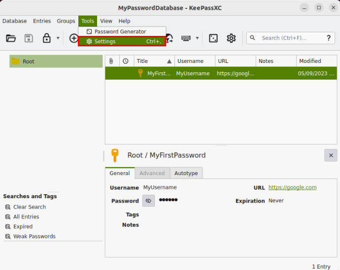 A screenshot showing the location of the Settings window in KeePassXC.