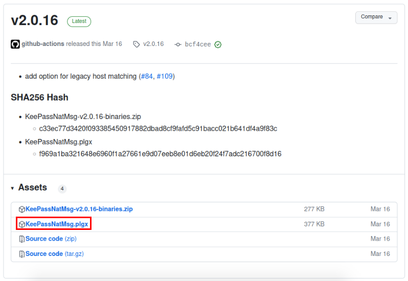 A screenshot showing the link to download for KeePassNatMsg plugin.
