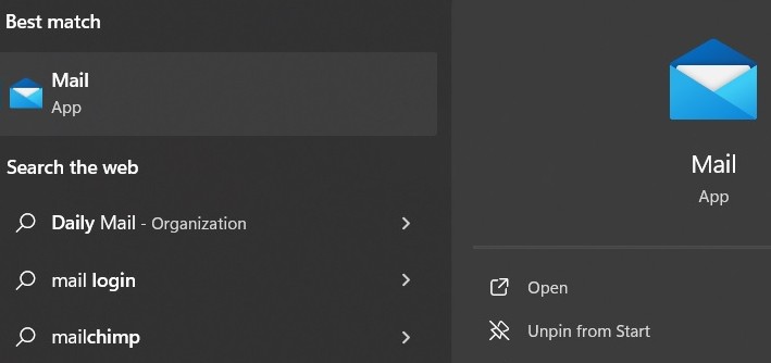 Launch Mail app from Windows Search.