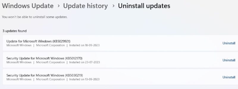 Clicking "Uninstall" for recent installed Windows update.