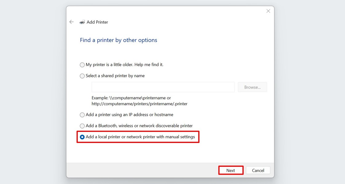 Adding a local printer or network printer to Windows manually.
