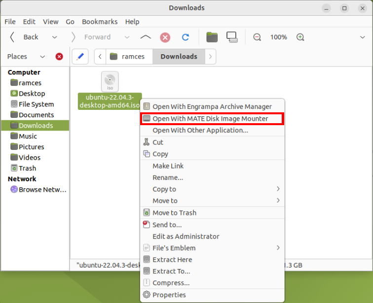 A screenshot that highlights the MATE Disk Image Mounter option in the Caja File Manager.