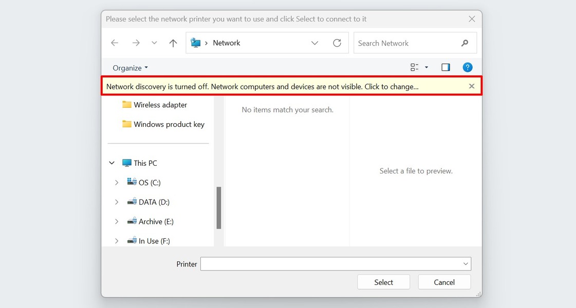 A dialog box highlighting the prompt that network discovery is turned off for Windows.