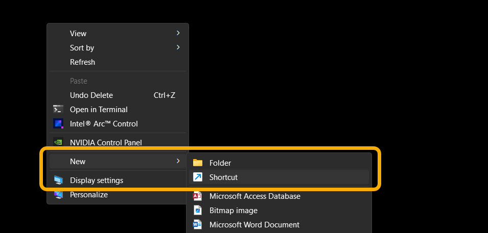 Creating a new shortcut on desktop.