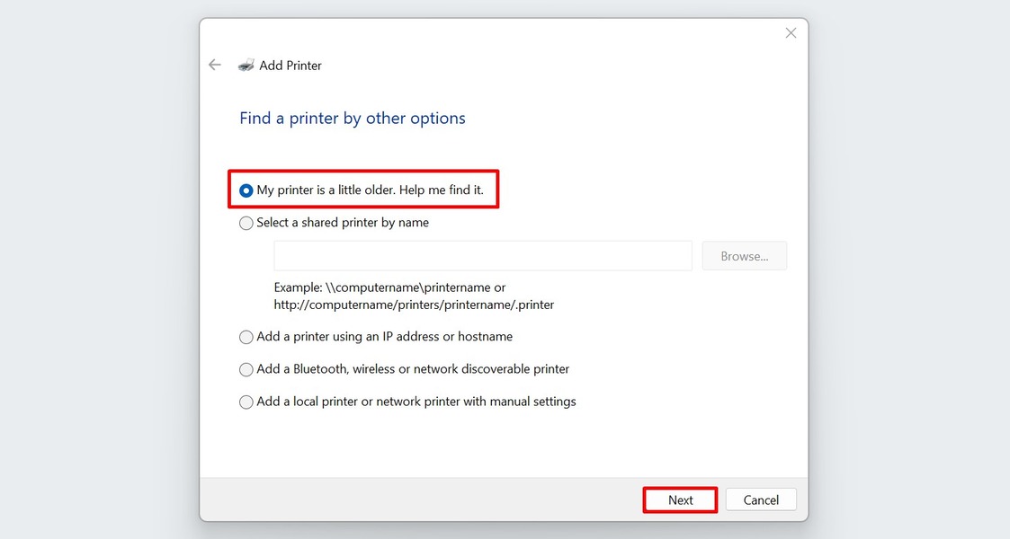 Finding an older printer model in Windows.