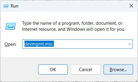 Opening Device Manager from Run window.