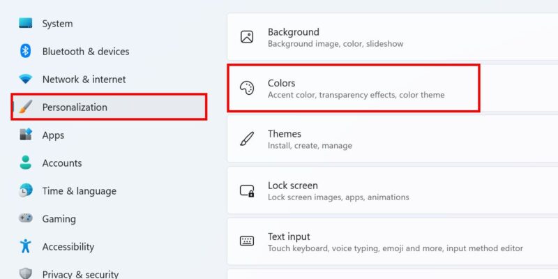 Windows color settings under Personalization
