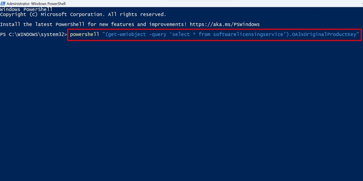 Running a command in PowerShell to find the Windows product key.