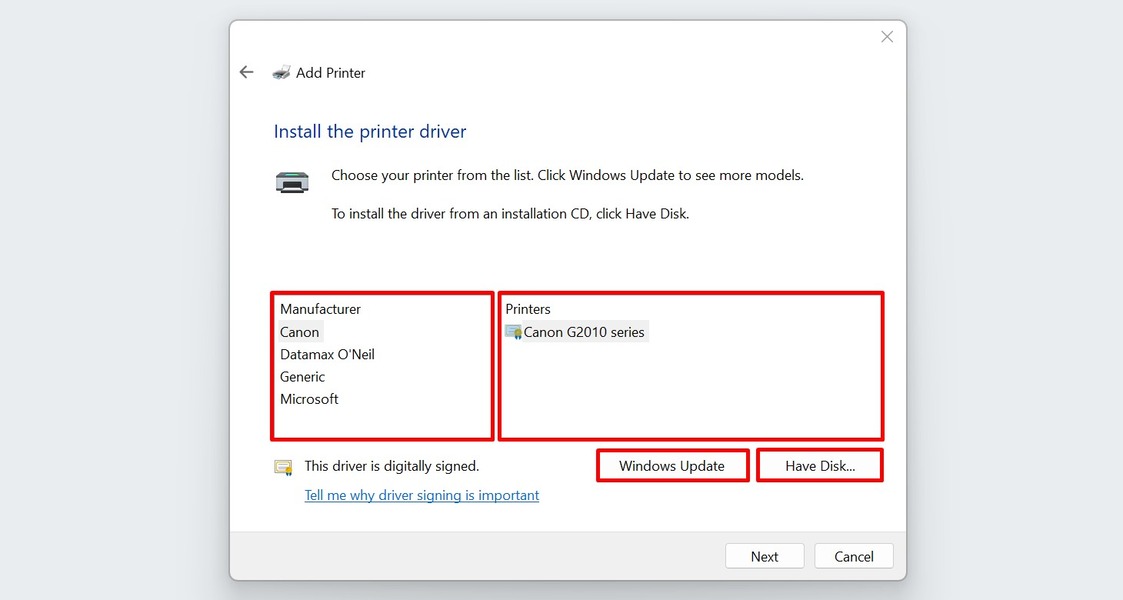 Choosing a printer driver for a local printer on Windows.
