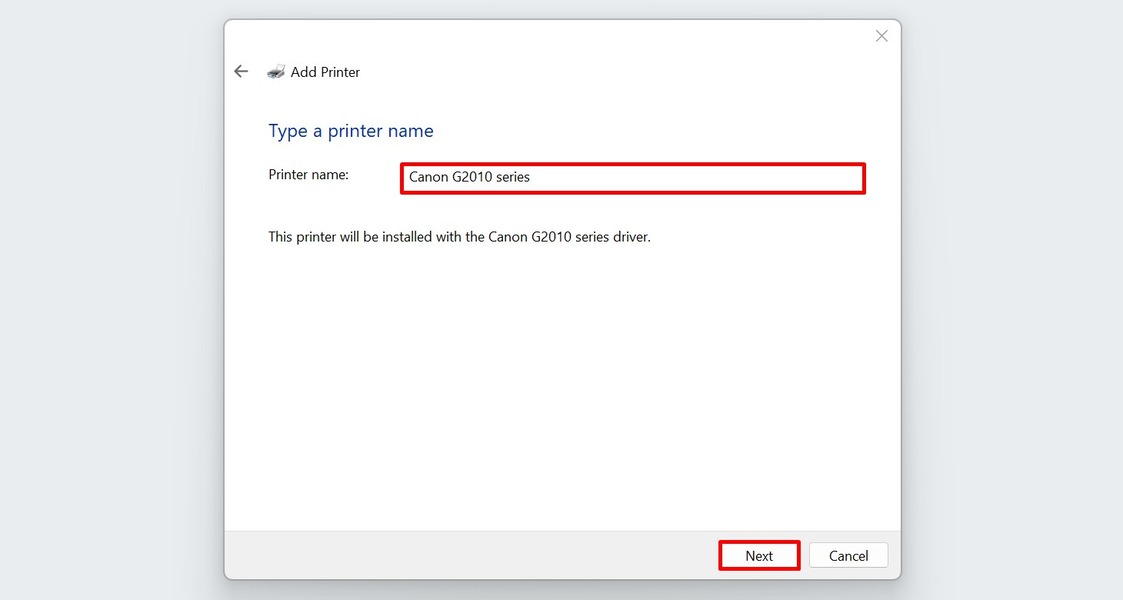 Adding a name to a printer upon setup in "Add Printer" window.