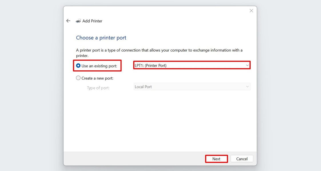 Using an existing printer port when setting up a local printer in Windows