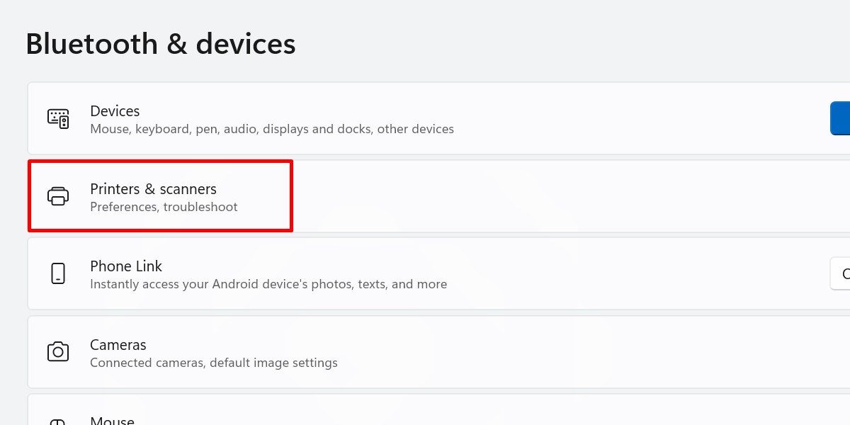 Viewing "Printer and scanners" settings in Windows.