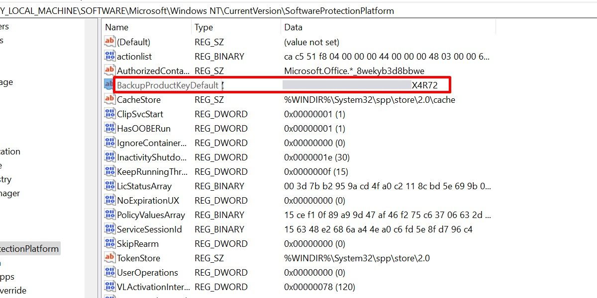The backup product key value shown in the Registry Editor.