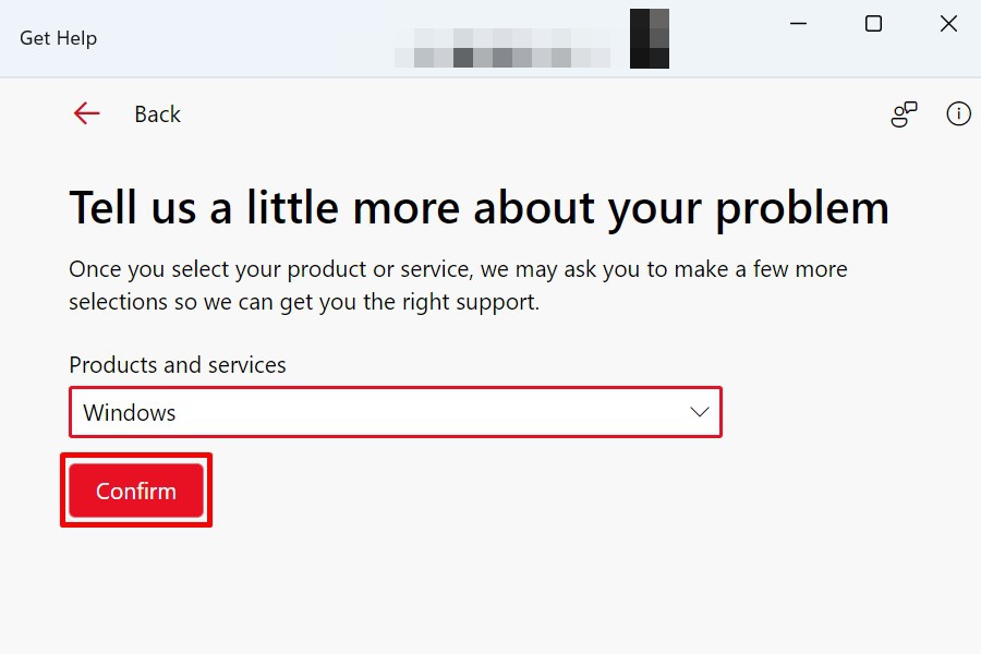 Selecting "Windows" from the Products and services dropdown in the Get Help window.