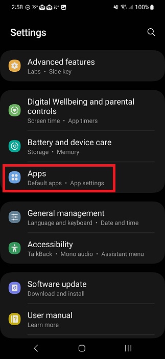 Tapping on "Apps" in Android Settings.