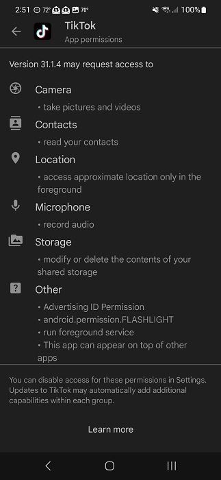 Checking permissions for TikTok app on Android.