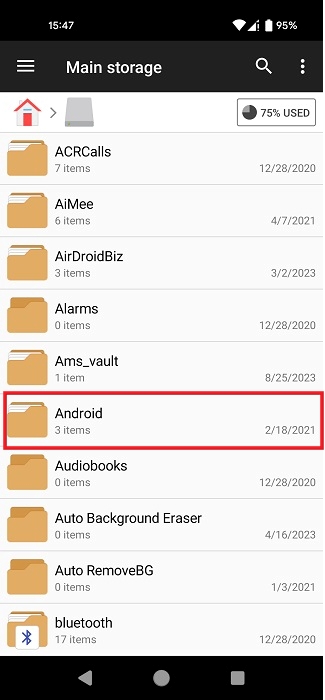 Clicking on "Android" in File Manager app.